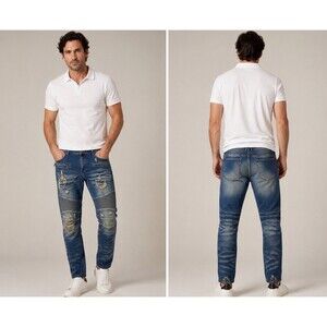 (N) Embellish Distressed Destroyed Skinny Biker Blue Jean's Men's Size 42/32